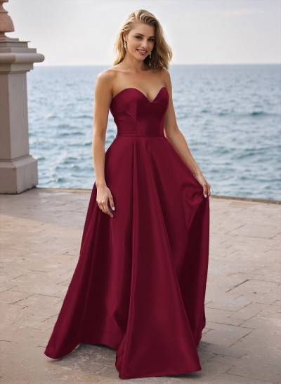 Simple A-Line Sweetheart Sleeveless Floor-Length Satin Prom Dresses