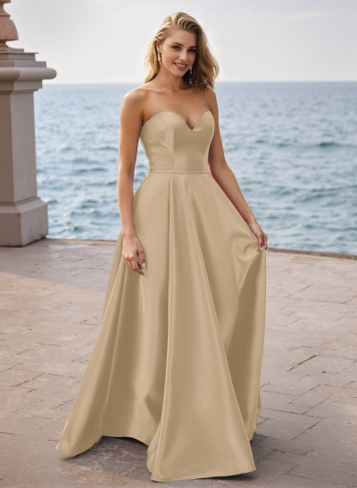 Simple A-Line Sweetheart Sleeveless Floor-Length Satin Prom Dresses