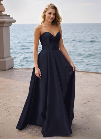 Simple A-Line Sweetheart Sleeveless Floor-Length Satin Prom Dresses