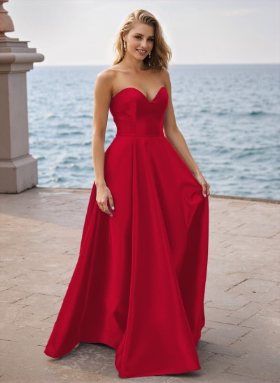 Simple A-Line Sweetheart Sleeveless Floor-Length Satin Prom Dresses