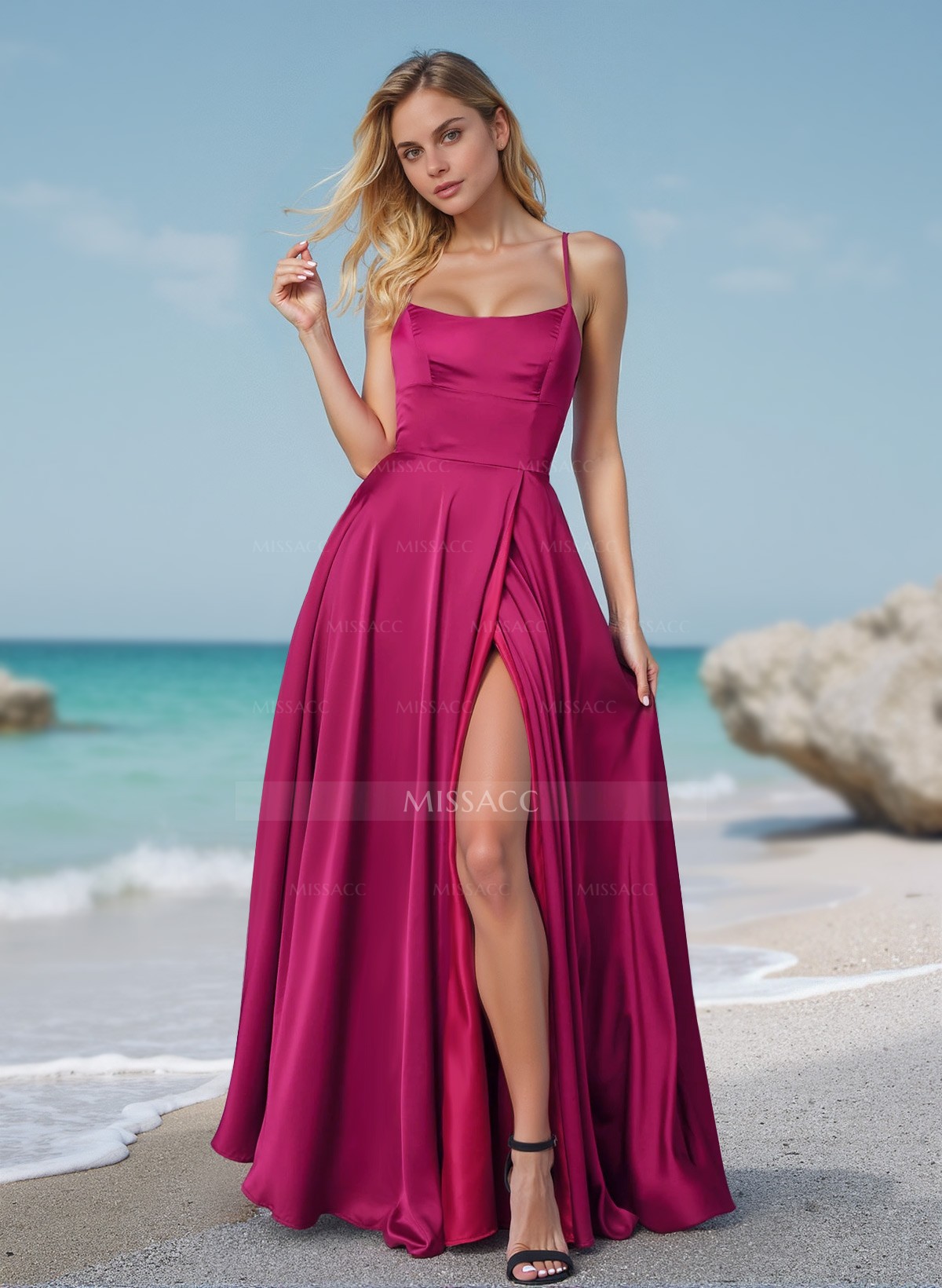 Flow Strappy Back Spaghetti Straps Acetate Satin Prom Dresses With High Split