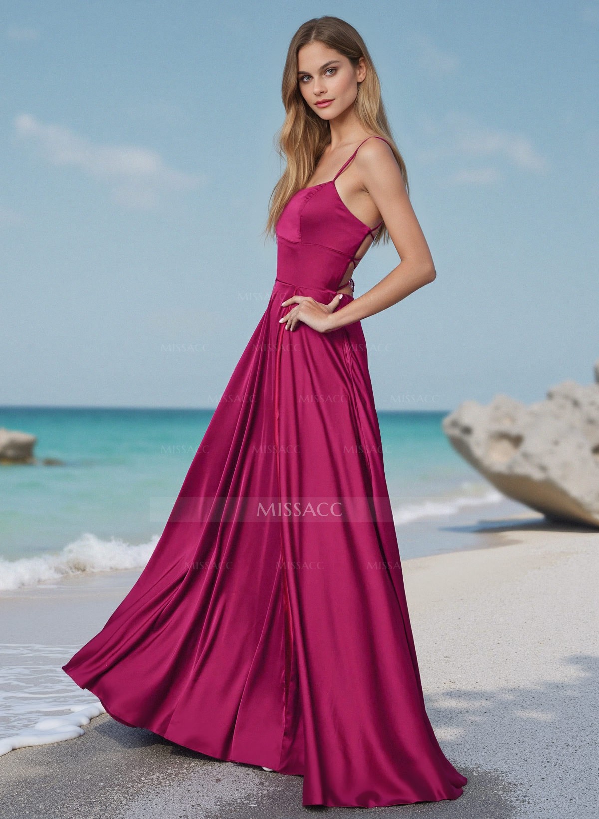 A-Line Scoop Neck Sleeveless Acetate Satin Prom Dresses With High Split