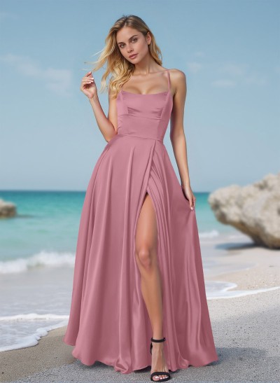 Flow Strappy Back Spaghetti Straps Acetate Satin Prom Dresses With High Split