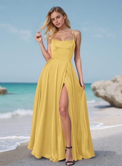 Flow Strappy Back Spaghetti Straps Acetate Satin Prom Dresses With High Split