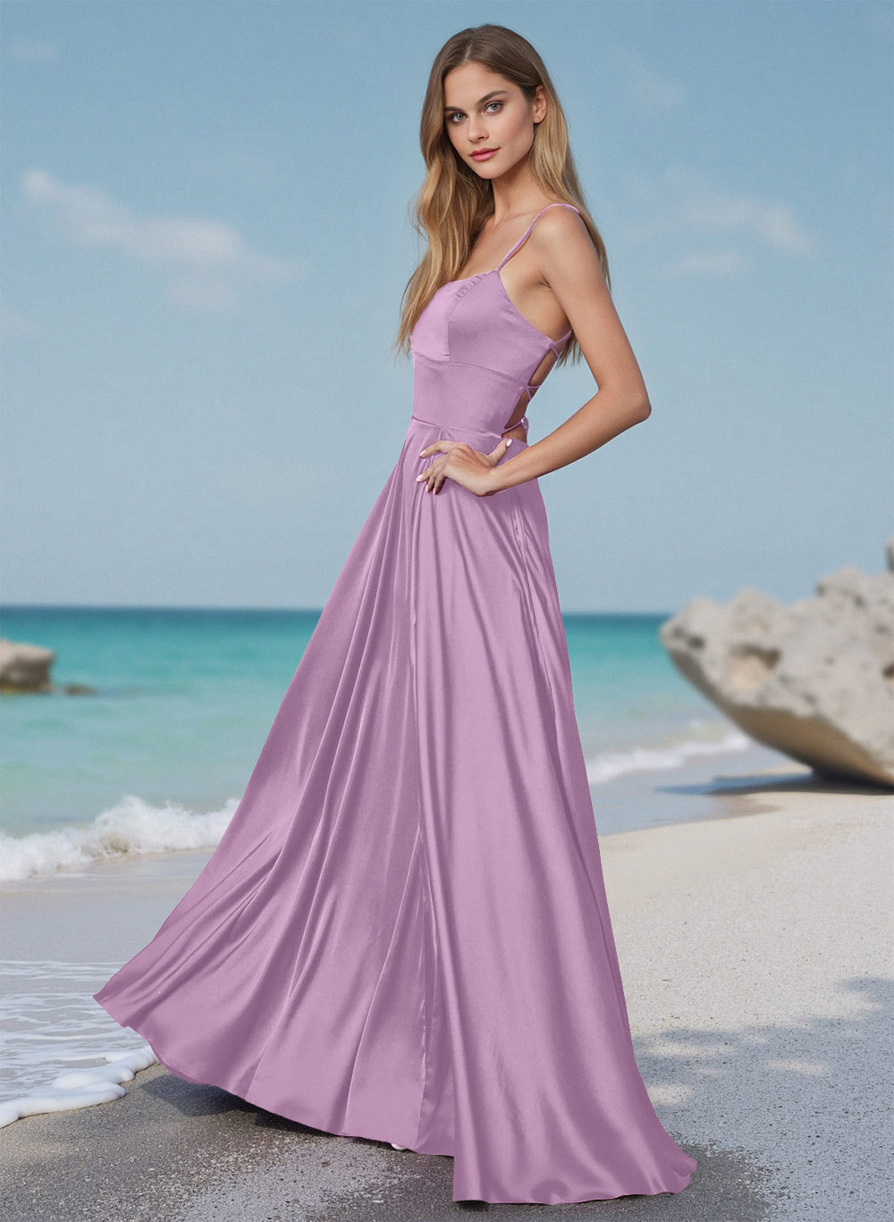 Woman wearing a lilac satin slip dress as a beach wedding guest