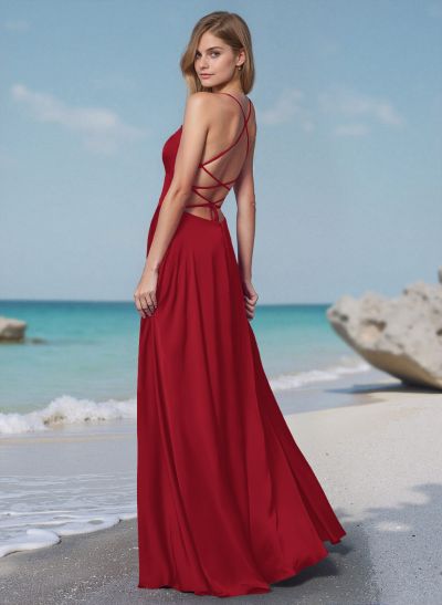 Flow Strappy Back Spaghetti Straps Acetate Satin Prom Dresses With High Split