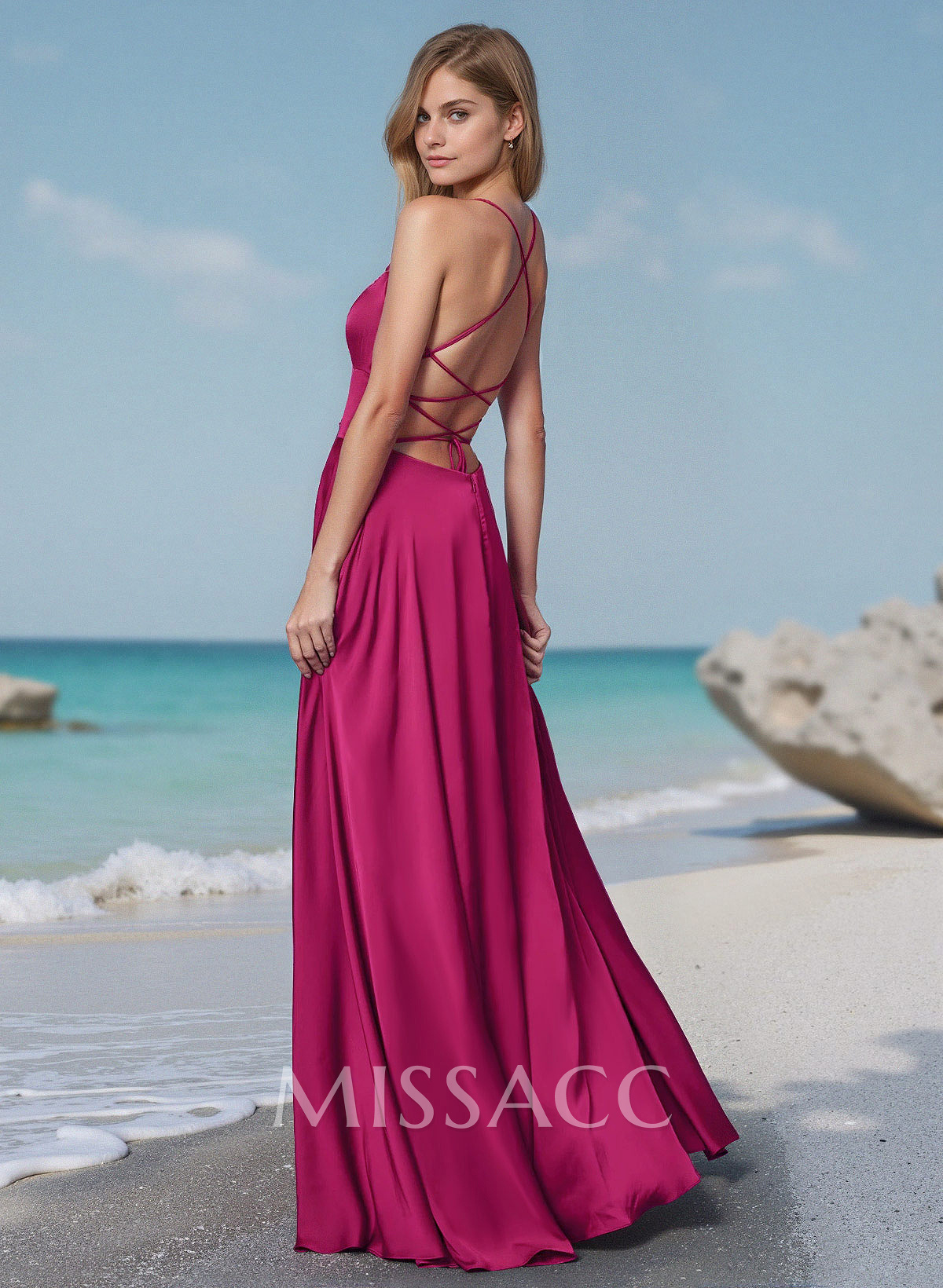 Flow Strappy Back Spaghetti Straps Acetate Satin Prom Dresses With High Split