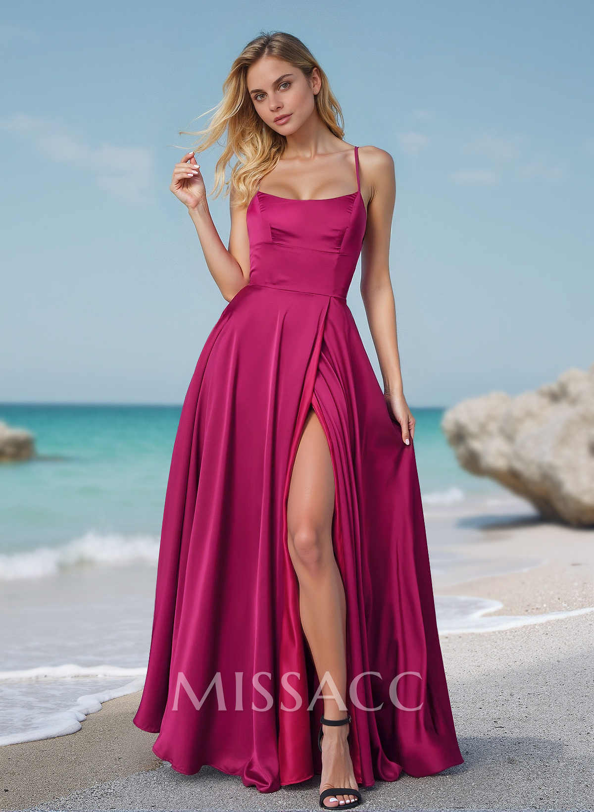 Flow Strappy Back Spaghetti Straps Acetate Satin Prom Dresses With High Split