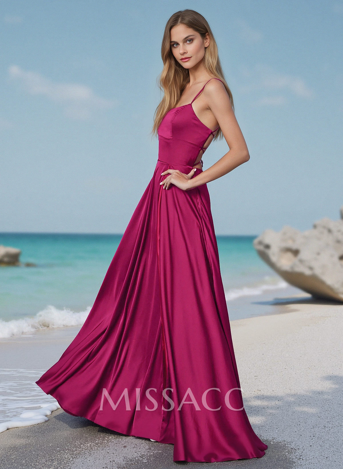 Flow Strappy Back Spaghetti Straps Acetate Satin Prom Dresses With High Split