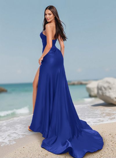 Flattering One-Shoulder V-Neck Charmeuse Prom Dresses With Appliques Lace