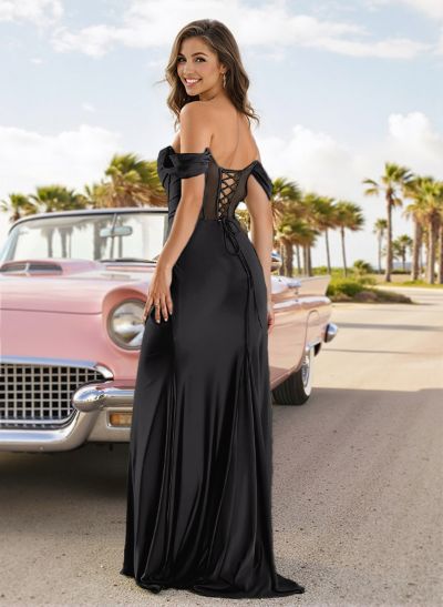 Sexy Draped Off Shoulder Strappy Back Satin Prom Dresses With High Split