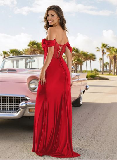 Sexy Draped Off Shoulder Strappy Back Satin Prom Dresses With High Split