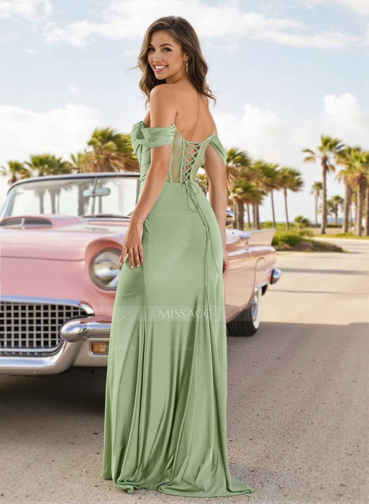 Sexy Draped Off Shoulder Strappy Back Crepe Satin Prom Dresses With High Split