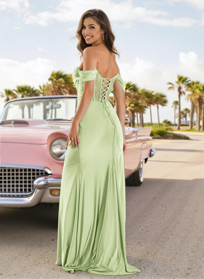 Sexy Draped Off Shoulder Strappy Back Crepe Satin Prom Dresses With High Split