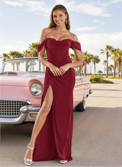 Sexy Draped Off Shoulder Strappy Back Crepe Satin Prom Dresses With High Split