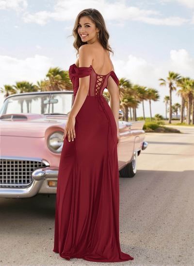 Sexy Draped Off Shoulder Strappy Back Crepe Satin Prom Dresses With High Split