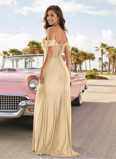 Sexy Draped Off Shoulder Strappy Back Crepe Satin Prom Dresses With High Split