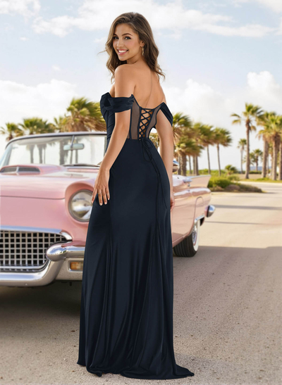 Sexy Draped Off Shoulder Strappy Back Crepe Satin Prom Dresses With High Split