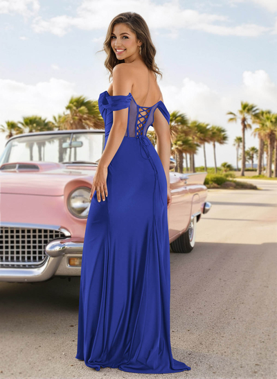 Sexy Draped Off Shoulder Strappy Back Crepe Satin Prom Dresses With High Split