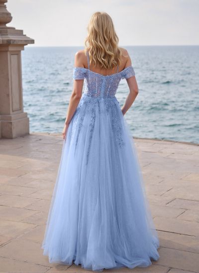 Dreamy Princess Ball Gown Sparkly Tulle Prom Dresses With Floral Applique