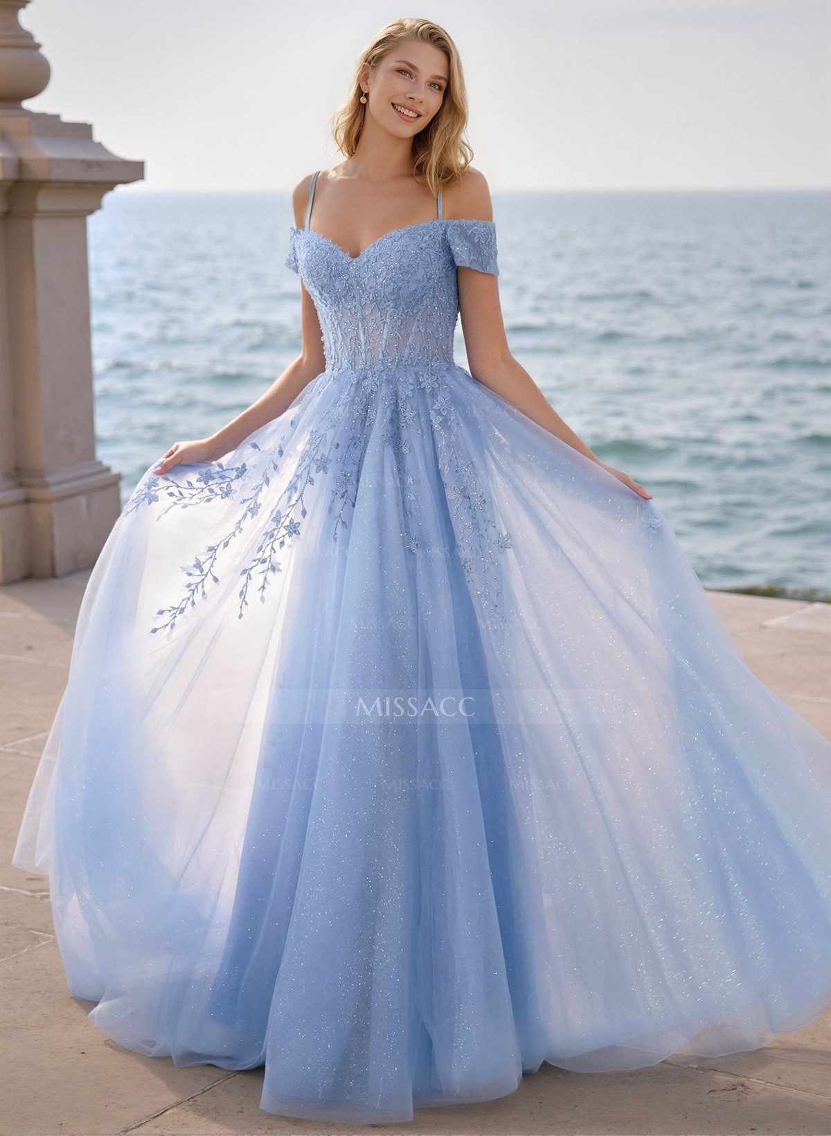 A-Line Off-The-Shoulder Sleeveless Tulle Prom DressesWith Lace