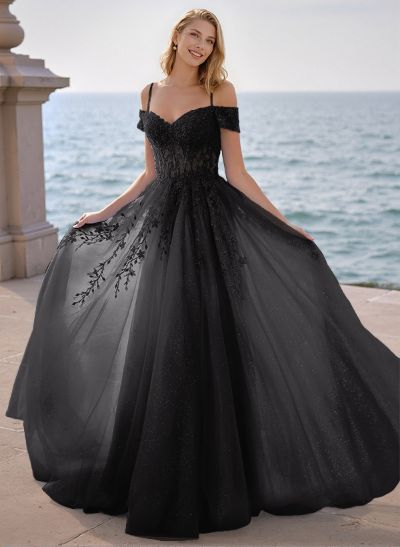 A-Line Off-The-Shoulder Sleeveless Tulle Prom DressesWith Lace