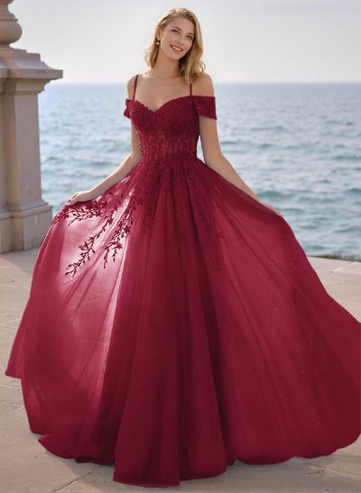 Dreamy Princess Ball Gown Sparkly Tulle Prom Dresses With Floral Applique