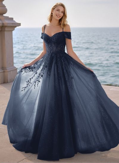 Dreamy Princess Ball Gown Sparkly Tulle Prom Dresses With Floral Applique