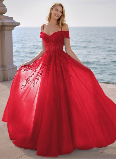 Dreamy Princess Ball Gown Sparkly Tulle Prom Dresses With Floral Applique