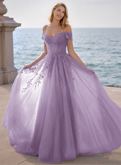 A-Line Off-The-Shoulder Sleeveless Tulle Prom DressesWith Lace