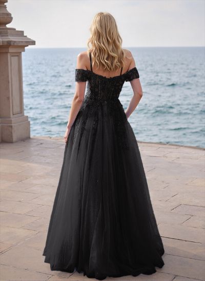 A-Line Off-The-Shoulder Sleeveless Tulle Prom DressesWith Lace