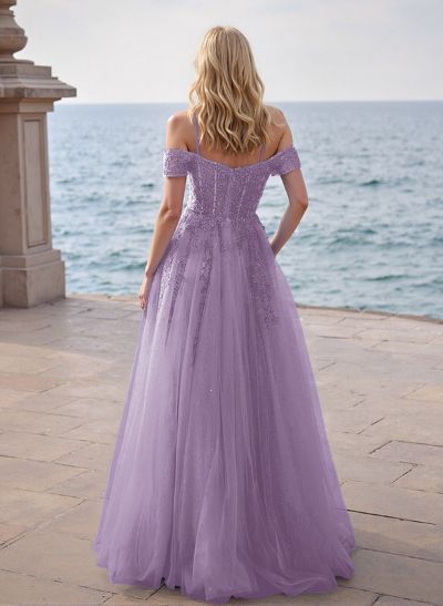 A-Line Off-The-Shoulder Sleeveless Tulle Prom DressesWith Lace