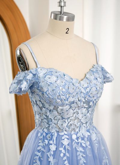 Dreamy Princess Ball Gown Sparkly Tulle Prom Dresses With Floral Applique