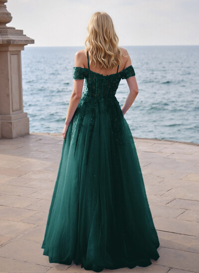 Dreamy Princess Ball Gown Sparkly Tulle Prom Dresses With Floral Applique