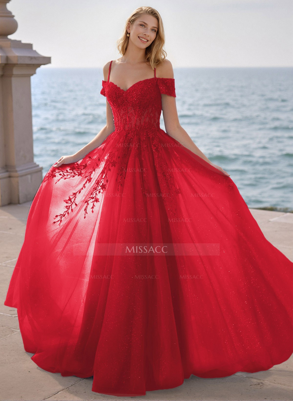 Dreamy Princess Ball Gown Sparkly Tulle Prom Dresses With Floral Applique