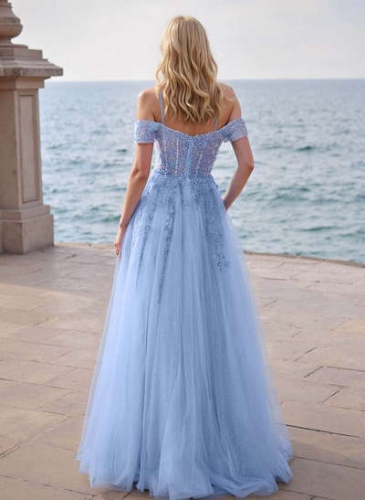 Dreamy Princess Ball Gown Sparkly Tulle Prom Dresses With Floral Applique