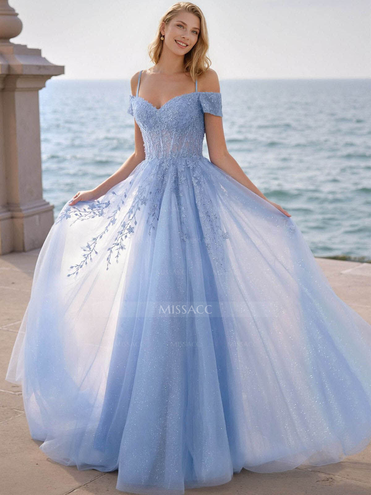 Dreamy Princess Ball Gown Sparkly Tulle Prom Dresses With Floral Applique