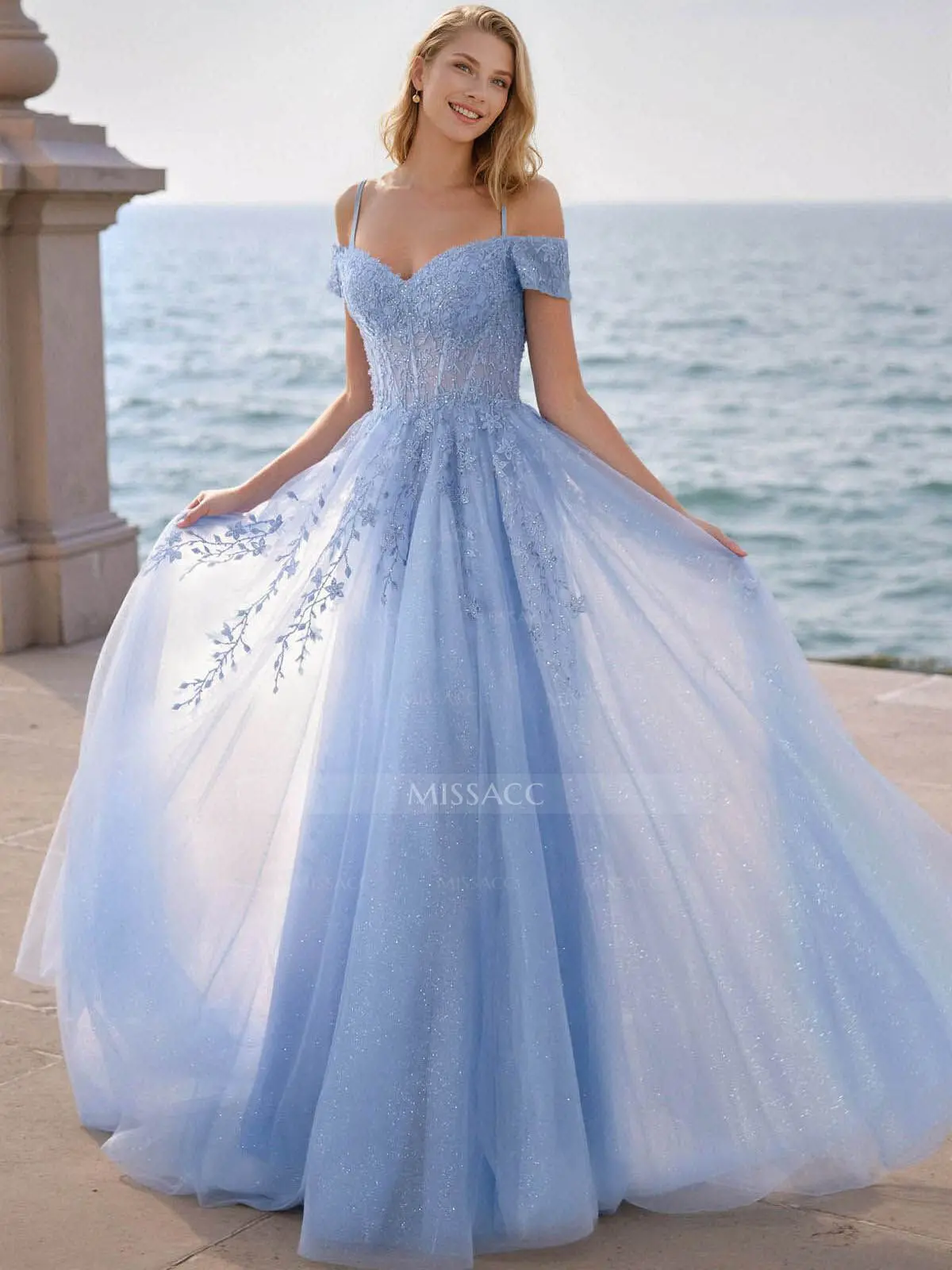 light blue tulle prom dress Blue tulle beads long prom dress, blue tulle evening dress – shdress main image 0