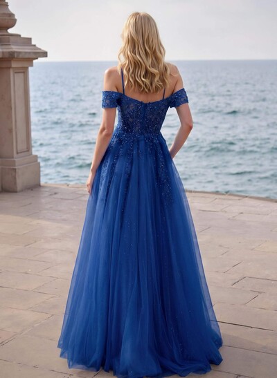 Dreamy Princess Ball Gown Sparkly Tulle Prom Dresses With Floral Applique