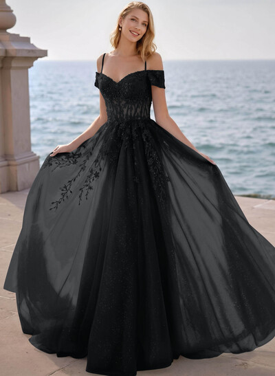 Dreamy Princess Ball Gown Sparkly Tulle Prom Dresses With Floral Applique