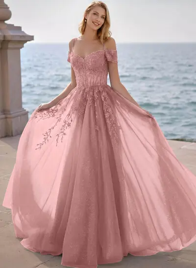 Dreamy Princess Ball Gown Sparkly Tulle Prom Dresses With Floral