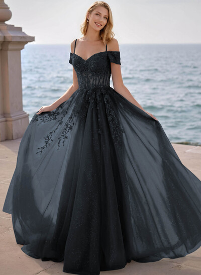Dreamy Princess Ball Gown Sparkly Tulle Prom Dresses With Floral Applique