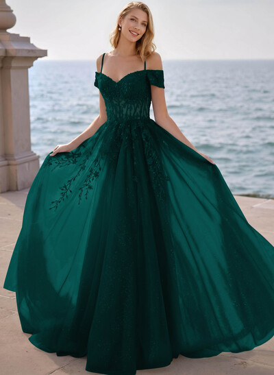 Dreamy Princess Ball Gown Sparkly Tulle Prom Dresses With Floral Applique