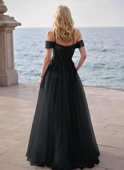 Dreamy Princess Ball Gown Sparkly Tulle Prom Dresses With Floral Applique