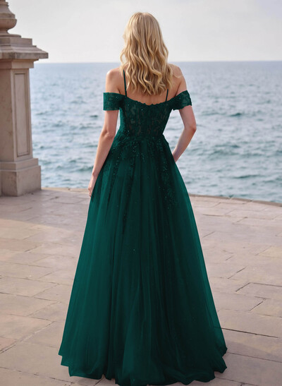 Dreamy Princess Ball Gown Sparkly Tulle Prom Dresses With Floral Applique