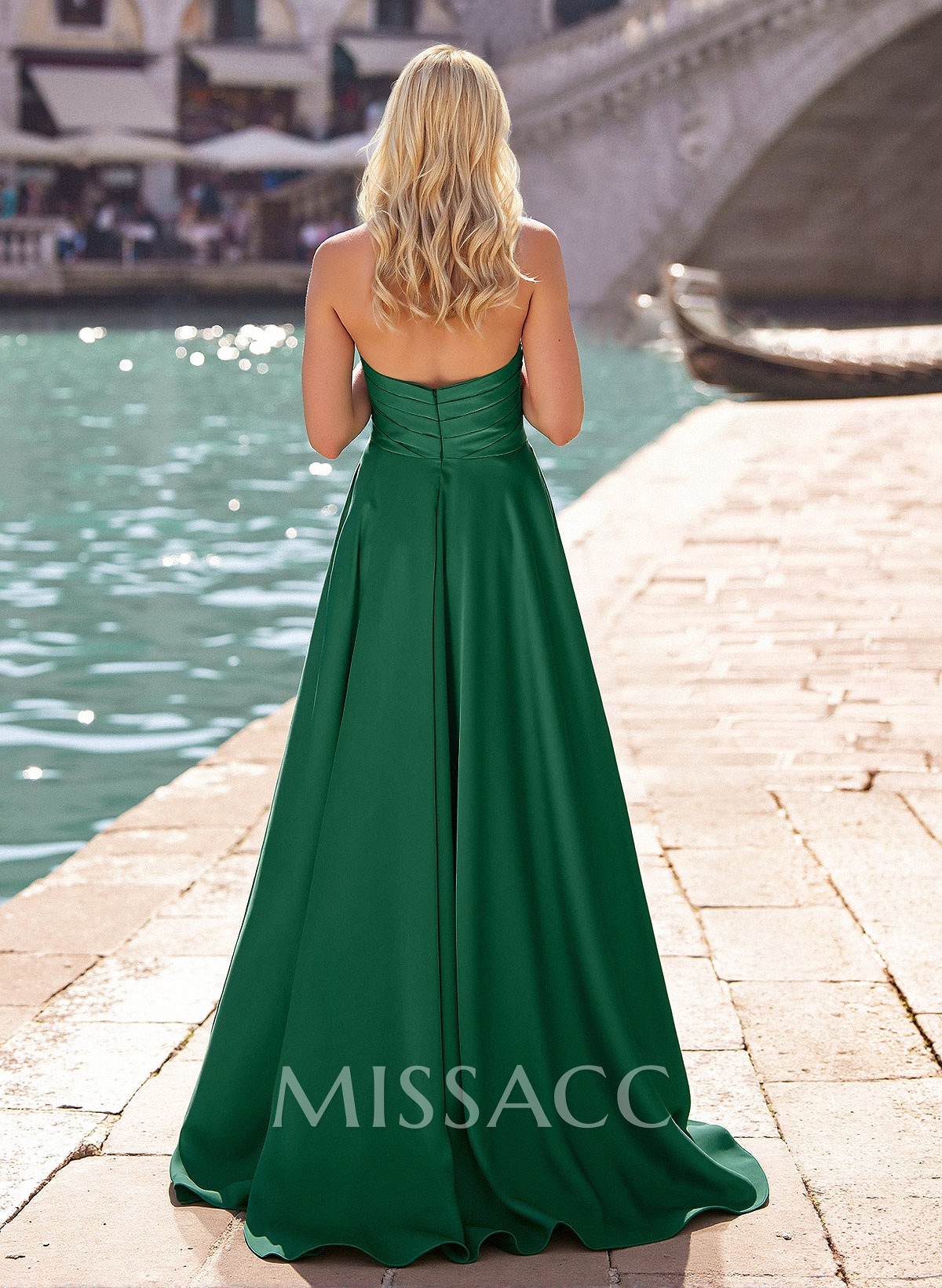 A-Line V-Neck Sleeveless Appliques Lace Crepe Satin Prom Dresses With High Split