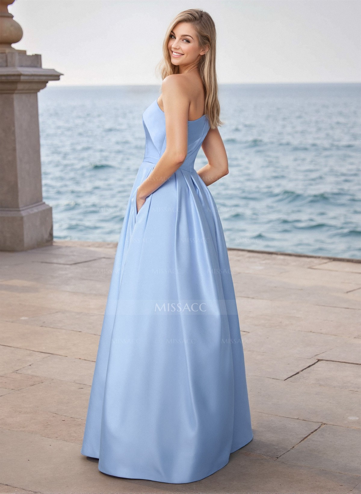 A-Line One-Shoulder Sleeveless Floor-Length Satin Prom Dresses With Pockets