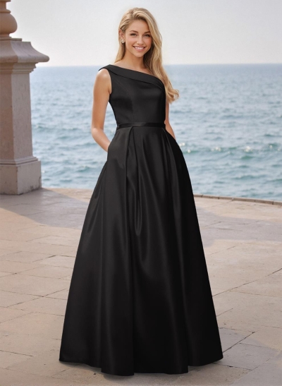 Modest A-Line One-Shoulder Satin Prom Dresses With Pockets