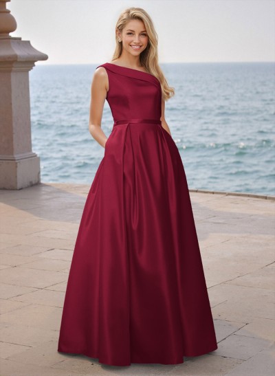 Modest A-Line One-Shoulder Satin Prom Dresses With Pockets