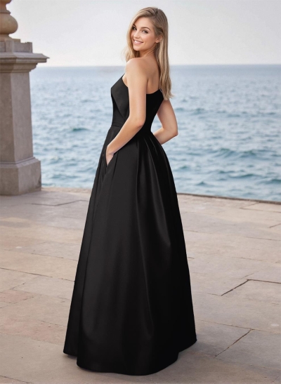 Modest A-Line One-Shoulder Satin Prom Dresses With Pockets